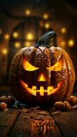 Festive glow jack o lantern pumpkin head on wood backdrop evokes Halloween spirit Vertical Mobile Wallpaper AI Generated photo