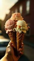 Flavorful outdoor moment hand holds ice cream cones, celebrating treats amidst nature Vertical Mobile Wallpaper AI Generated photo