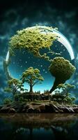 Green harmony Tree on Earth, abstract blue backdrop fusing eco tech, ethics, and sustainability Vertical Mobile Wallpaper AI Generated photo