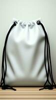 Minimalist contrast white drawstring bag, adorned with a sleek black rope closure Vertical Mobile Wallpaper AI Generated photo