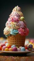 Multihued sweetness table showcases a playful ice cream cone adorned with colorful sprinkles Vertical Mobile Wallpaper AI Generated photo