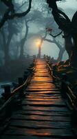 Mystical pathways wooden walkways enveloped by dense fog create an ethereal landscape Vertical Mobile Wallpaper AI Generated photo