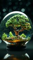 Nature embraces globe Tree on crystal, tech convergence network backdrop highlights green innovation Vertical Mobile Wallpaper AI Generated photo