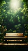 Nature inspired wooden podium with AI generated leaves backdrop, an artistic product display Vertical Mobile Wallpaper AI Generated photo