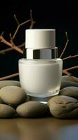 Nourishing balance white rock holds skincare moisture vessel, promoting healthy skin hydration Vertical Mobile Wallpaper AI Generated photo