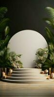 Product spotlight 3D white gold podium mockup, enhanced by palm leaves decoration Vertical Mobile Wallpaper AI Generated photo