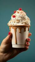 Overhead indulgence hand grips an ice cream cup in a high angle snapshot Vertical Mobile Wallpaper AI Generated photo