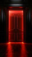 Welcoming glow ajar door emits a cozy red light, beckoning with warmth Vertical Mobile Wallpaper AI Generated photo