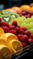 Detailed display closeup of assorted fresh fruit slices at Barcelonas renowned La Boqueria market Vertical Mobile Wallpaper AI Generated photo