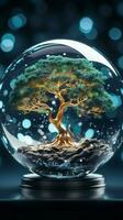 Digital harmony Tree on crystal globe, network background symbolizing tech convergences growth Vertical Mobile Wallpaper AI Generated photo