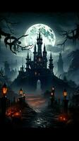 Eerie fortress haunted castle surrounded by a cemetery, icons embrace a Halloween atmosphere Vertical Mobile Wallpaper AI Generated photo