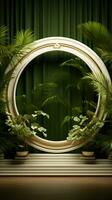 Elevated exhibit white podium, adorned with golden arch and lush tropical palm leaves Vertical Mobile Wallpaper AI Generated photo