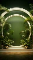 Elevated exhibit white podium, adorned with golden arch and lush tropical palm leaves Vertical Mobile Wallpaper AI Generated photo