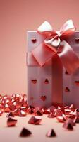 Delicate pink gift box, red bow, heart studded pink background. Ideal holiday banner. Vertical Mobile Wallpaper AI Generated photo