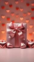 Elegant pink box, red bow, pink backdrop, red hearts. Perfect for web banners. Vertical Mobile Wallpaper AI Generated photo