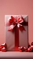 Elegant pink box, red bow, pink backdrop, red hearts. Perfect for web banners. Vertical Mobile Wallpaper AI Generated photo