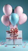 Elegantly adorned Gift box in white, blue ribbon, balloon on pretty pink. Vertical Mobile Wallpaper AI Generated photo