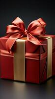 Elegantly adorned Red gift box, golden ribbon, and exquisite bow. Vertical Mobile Wallpaper AI Generated photo
