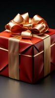 Elegantly adorned Red gift box, golden ribbon, and exquisite bow. Vertical Mobile Wallpaper AI Generated photo