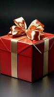 Elegantly adorned Red gift box, golden ribbon, and exquisite bow. Vertical Mobile Wallpaper AI Generated photo