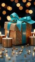 Festive charm Christmas gift box amidst turquoise bokeh backdrop, capturing holiday magic. Vertical Mobile Wallpaper AI Generated photo
