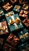 Festive holiday gifts showcased in top view arrangement. Perfect for joyful giving. Vertical Mobile Wallpaper AI Generated photo