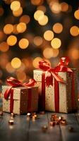 festivo alegría regalo cajas, rojo arcos, reluciente bokeh luces. Navidad y nuevo año. vertical móvil fondo de pantalla ai generado foto