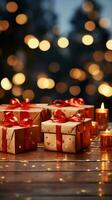 festivo alegría regalo cajas, rojo arcos, reluciente bokeh luces. Navidad y nuevo año. vertical móvil fondo de pantalla ai generado foto