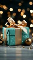 Captivating contrast Christmas gift box amidst turquoise bokeh, a visual celebration. Vertical Mobile Wallpaper AI Generated photo