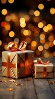 Festive joy Gift boxes, red bows, shimmering bokeh lights. Christmas and New Year. Vertical Mobile Wallpaper AI Generated photo