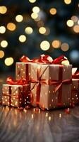 Festive joy Gift boxes, red bows, shimmering bokeh lights. Christmas and New Year. Vertical Mobile Wallpaper AI Generated photo