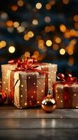 Festive joy Gift boxes, red bows, shimmering bokeh lights. Christmas and New Year. Vertical Mobile Wallpaper AI Generated photo