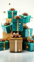 Gift boxes burst from bag, set against pure white isolation. Eye catching presentation. Vertical Mobile Wallpaper AI Generated photo