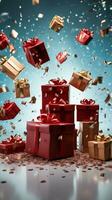 Gift boxes burst out of bag against white, unveiling joyful surprises. Vertical Mobile Wallpaper AI Generated photo