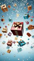 Gift boxes burst out of bag against white, unveiling joyful surprises. Vertical Mobile Wallpaper AI Generated photo