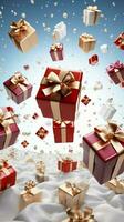 Gift boxes burst out of bag against white, unveiling joyful surprises. Vertical Mobile Wallpaper AI Generated photo