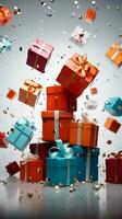 Gift boxes burst out of bag against white, unveiling joyful surprises. Vertical Mobile Wallpaper AI Generated photo