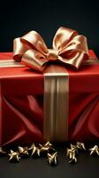 Captivating contrast Red box, adorned in radiant gold ribbon and bow. Vertical Mobile Wallpaper AI Generated photo