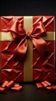 Captivating contrast Red box, adorned in radiant gold ribbon and bow. Vertical Mobile Wallpaper AI Generated photo