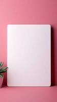 minimalista gracia blanco blanco tarjeta en pastel rosa, esperando tu sentido palabras. vertical móvil fondo de pantalla ai generado foto