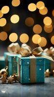 alegre deleite Navidad regalo caja soportes fuera en turquesa bokeh antecedentes. vertical móvil fondo de pantalla ai generado foto