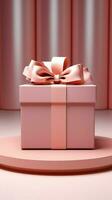 Minimalistic exhibit design White podium, pink gift box, pastel ribbon bow, isolated. Vertical Mobile Wallpaper AI Generated photo