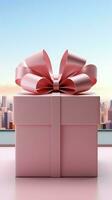 Minimalistic exhibit design White podium, pink gift box, pastel ribbon bow, isolated. Vertical Mobile Wallpaper AI Generated photo