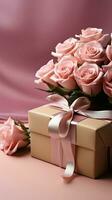 Mother's Day theme Pink rose, kraft gift box on pink table backdrop. Vertical Mobile Wallpaper AI Generated photo