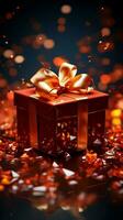 Opened gift box in fiery red, glimmers with captivating sparkles. Unwrapping magic. Vertical Mobile Wallpaper AI Generated photo