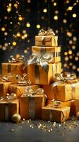 Overflowing golden presents, perfect ad backdrop. Embrace festivities, birthdays, jubilations with flair. Vertical Mobile Wallpaper AI Generated photo