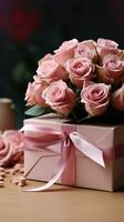 Pink table hosts Mother's Day Rose, kraft gift box in chic arrangement. Vertical Mobile Wallpaper AI Generated photo