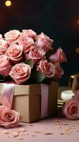 Pink table hosts Mother's Day Rose, kraft gift box in chic arrangement. Vertical Mobile Wallpaper AI Generated photo