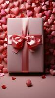 Captivating web banner Pink gift box, red bow, surrounded by heart adorned pink. Vertical Mobile Wallpaper AI Generated photo