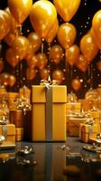 Radiant celebration haven, brimming golden packages. Banner ready for holidays, birthdays, festivities. Vertical Mobile Wallpaper AI Generated photo